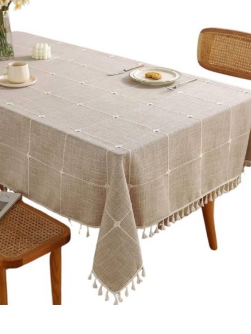 Beige Tassel Linen Tablecloth - Home Dining NWOT 55”X 70”